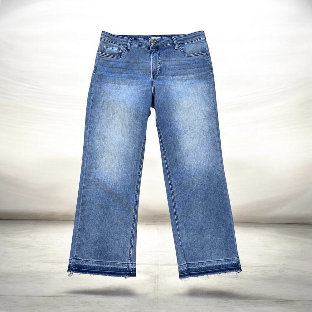 Kut from the Kloth Kelsey Fab Ab Ankle Flare Jeans Blue Raw Hem Sz 14 High Rise